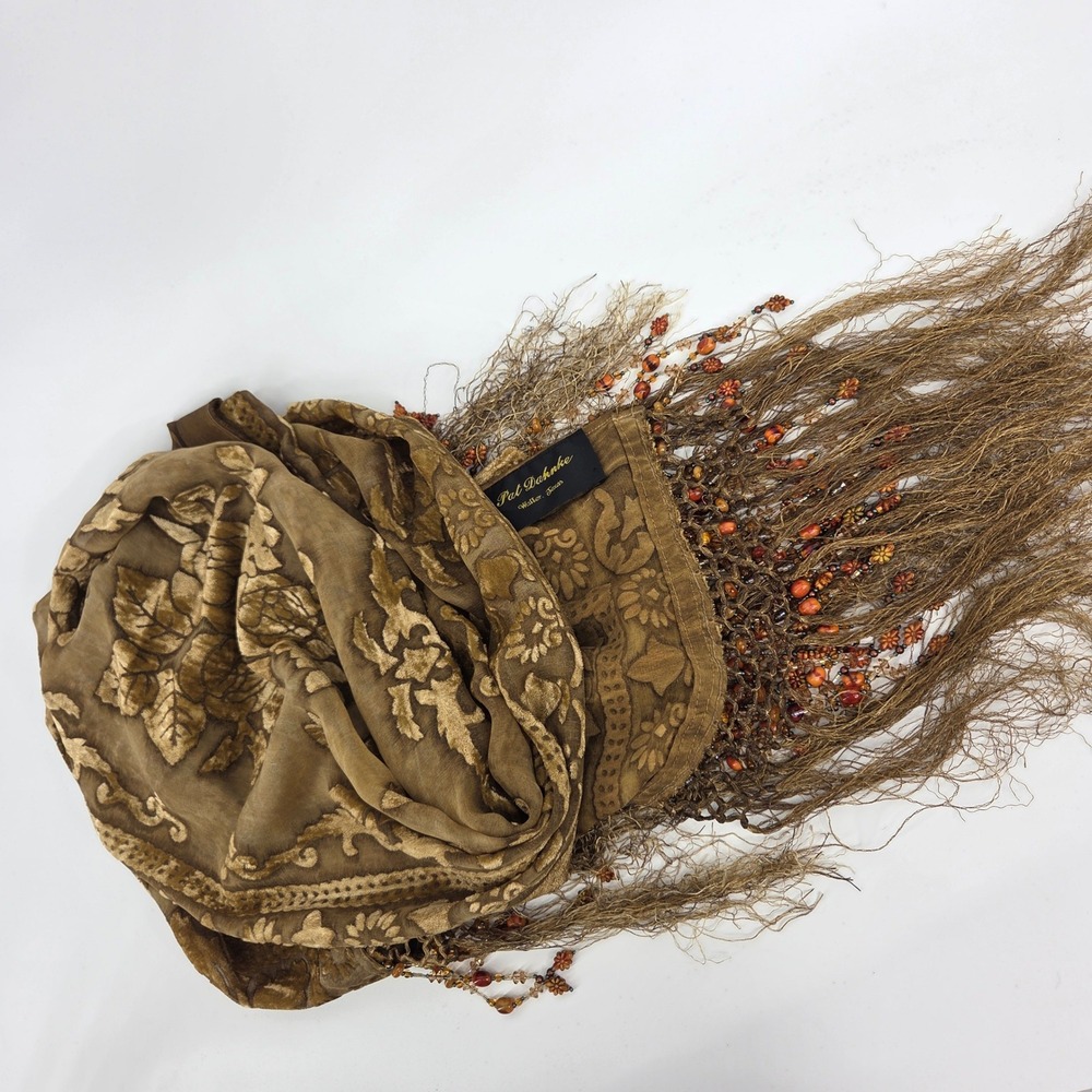 Pat Dahnke Scarf OS Bronze Burnout Velvet Floral Beaded Fringe Boho Eclectic